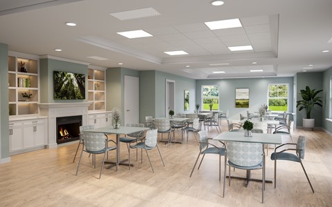 A modern dining room with a fireplace and a dining table with chairs.