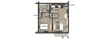 A drawing of a floor plan for an apartment with a bedroom, living room, kitchen, and bathroom.
