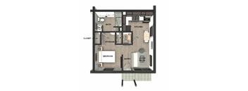 A floor plan of a small apartment with a bedroom, kitchen, storage, bathroom, and living room.