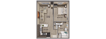 A diagram of a small apartment with a living room, kitchen, and bedroom.