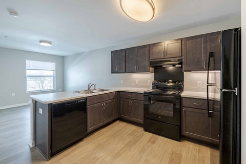 A kitchen with dark wood cabinets and appliances.