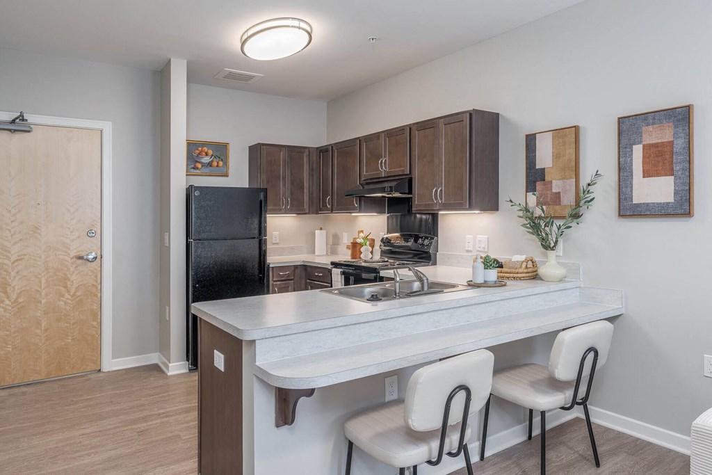 A kitchen with a black fridge, white countertop, and brown cabinets.