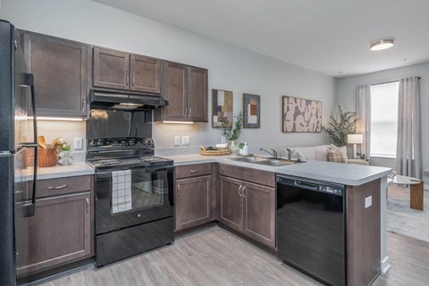 A modern kitchen with dark brown cabinets and black appliances.