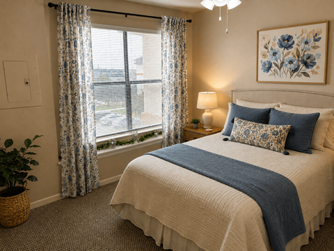 A bedroom with a large bed and a window with curtains.