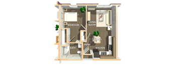 A diagram of a small apartment with a bedroom, living room, pantry, kitchen, bath, and entry.