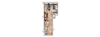 A top-down view of a small apartment with a kitchen, living room, and bathroom.
