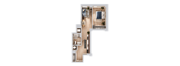 A top-down view of a house layout with a living room, kitchen, and bathroom.