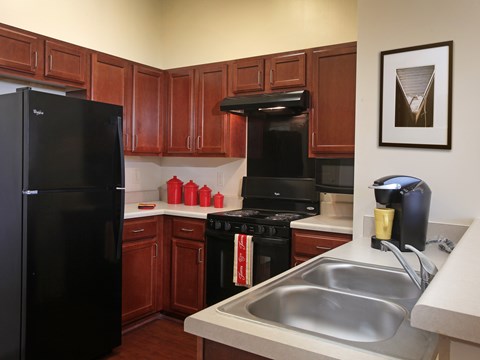 A black refrigerator sits in a kitchen with brown cabinets.