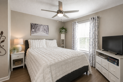 A bedroom with a large bed, a ceiling fan, and a television.