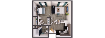 A diagram shows a layout of a bedroom, living room, kitchen, and bathroom.