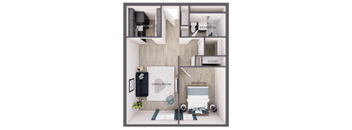 A diagram of a small apartment with a living room, bedroom, kitchen, bathroom, and closet.