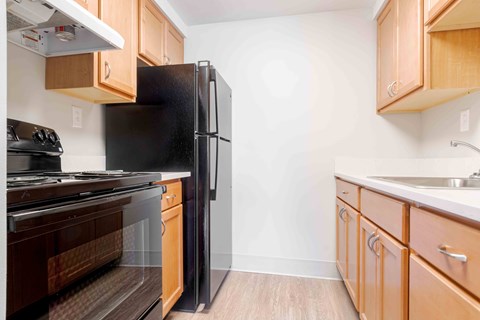 A kitchen with a black refrigerator and wooden cabinets.