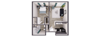 A diagram of a small apartment with a bedroom, living room, kitchen, and bathroom.
