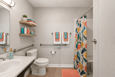 A bathroom with a white toilet, sink, and shower curtain.