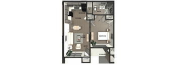 A drawing of a house with a living room, kitchen, and bathroom.