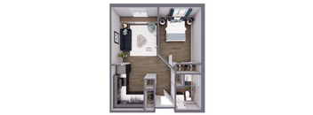 A diagram of a small apartment with a living room, bedroom, kitchen, bathroom, and closet.