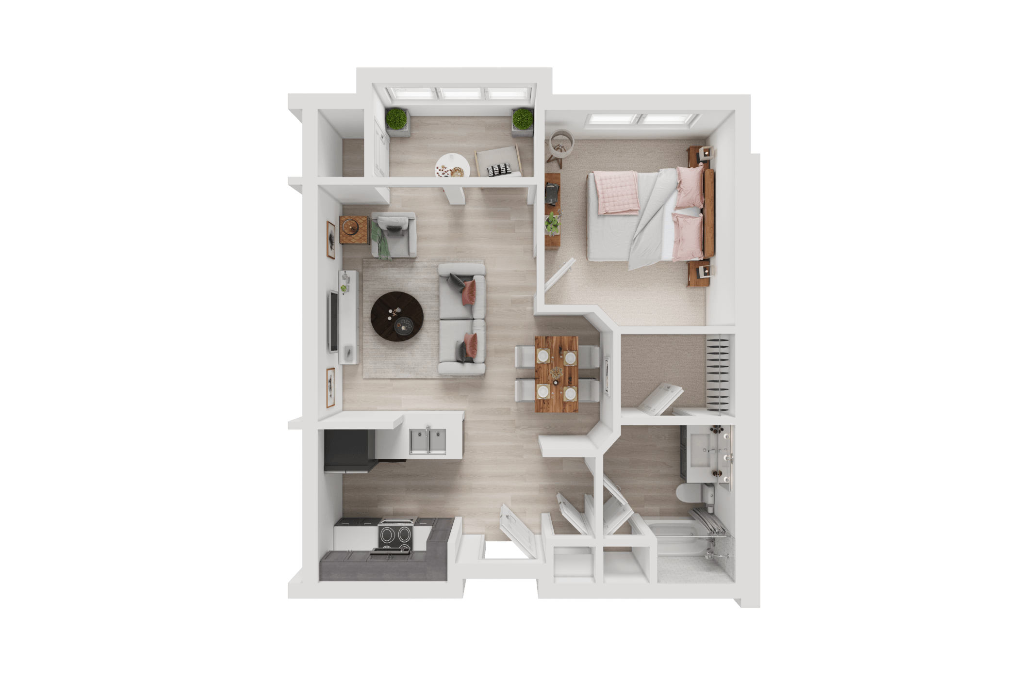 A 3D floor plan of a small apartment with a kitchen, living room, and bathroom.