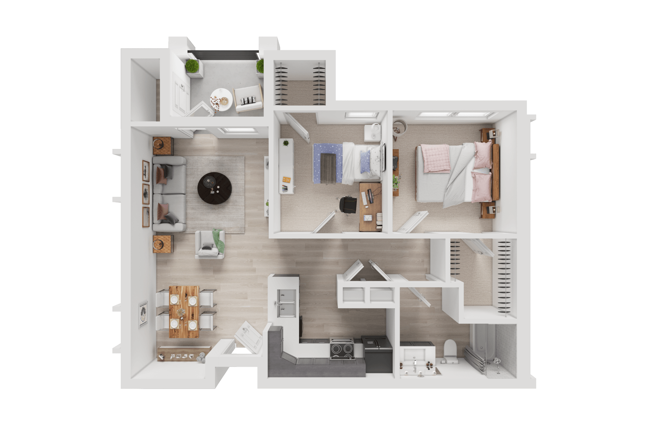 A 3D floor plan of a house showing a kitchen, living room, and bathroom.