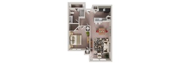 A floor plan of a house with a kitchen, living room, dining room, and bathroom.