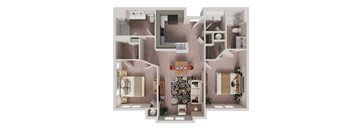A top-down view of a small apartment with a kitchen, living room, and bathroom.
