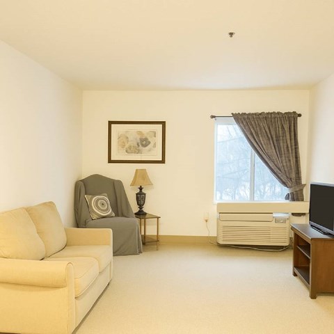 A living room with a couch, chair, and television.