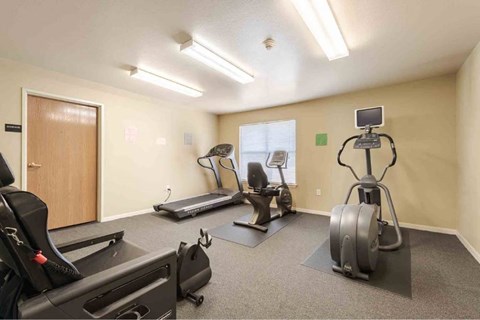 A well-equipped gym with treadmills, elliptical machines, and a stationary bike.