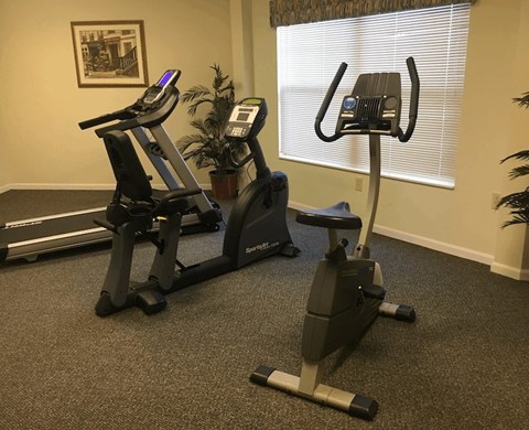 A room with a treadmill and a stationary bike.