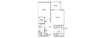 A floor plan of a house with a kitchen, bathroom, and living room.
