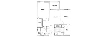 A floor plan of a house with a kitchen, living room, and bathroom.