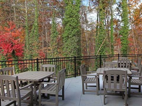 A set of chairs and a table are on a patio.