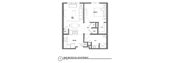 A black and white image of a one bedroom apartment floor plan.