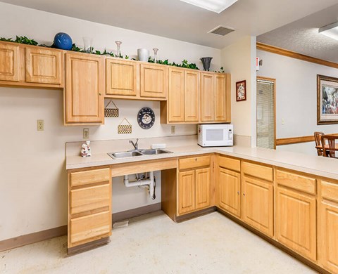 A kitchen with wooden cabinets and a white microwave.