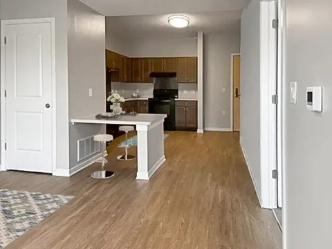 A kitchen with a white countertop and wooden floors.