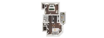 A top view of a house layout with a kitchen, living room, and two bathrooms.