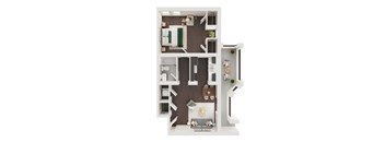 A 3D floor plan of a small apartment with a kitchen, living room, and bathroom.