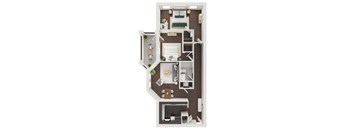A floor plan of a small apartment with a kitchen, living room, and bathroom.