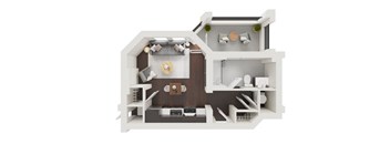 A top-down view of a modern kitchen with a central island and a dining area.
