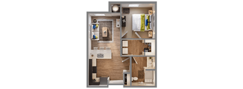 A floor plan of a small apartment with a kitchen, living room, and bathroom.
