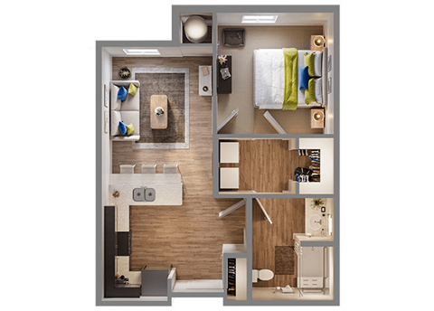A floor plan of a small apartment with a kitchen, living room, and bathroom.