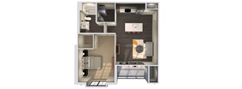 A floor plan of a small apartment with a kitchen, living room, and bathroom.