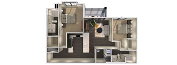 A 3D floor plan of a house with a kitchen, living room, and bathroom.