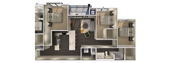 A 3D rendered image of a modern house interior.