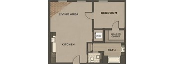 A floor plan of a small apartment with a kitchen, living area, bedroom, bathroom, and walk-in closet.