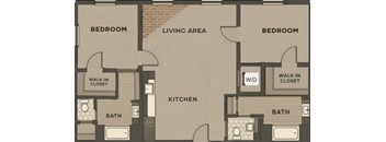 A floor plan of a home with three bedrooms, a living area, a kitchen, two bathrooms, and a walk-in closet.
