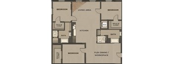 A floor plan of an apartment with two bedrooms, a living area, a kitchen, a bath, a walk-in closet, and a flex dining/workspace.