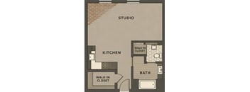 A floor plan shows a studio apartment with a kitchen, bath, and walk-in closet.
