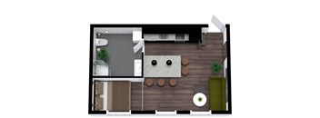 A top-down view of a modern living room with a dining area and kitchen.
