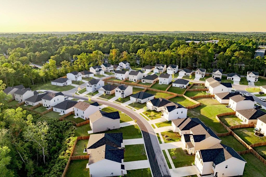 an aerial view of a neighborhood of houses