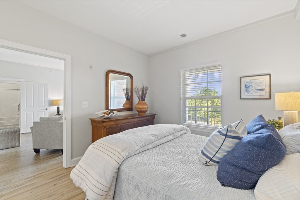 A bedroom with a large bed and a mirror on the dresser at Saltmeadow Bay, Virginia Beach, VA