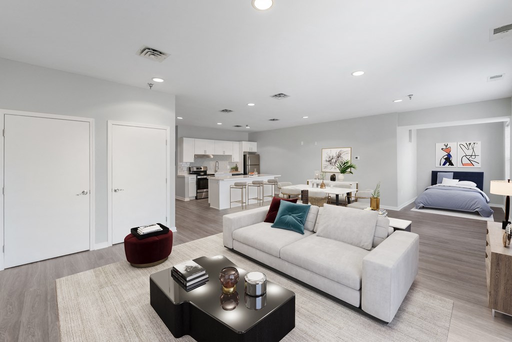 a living room with a couch and a table